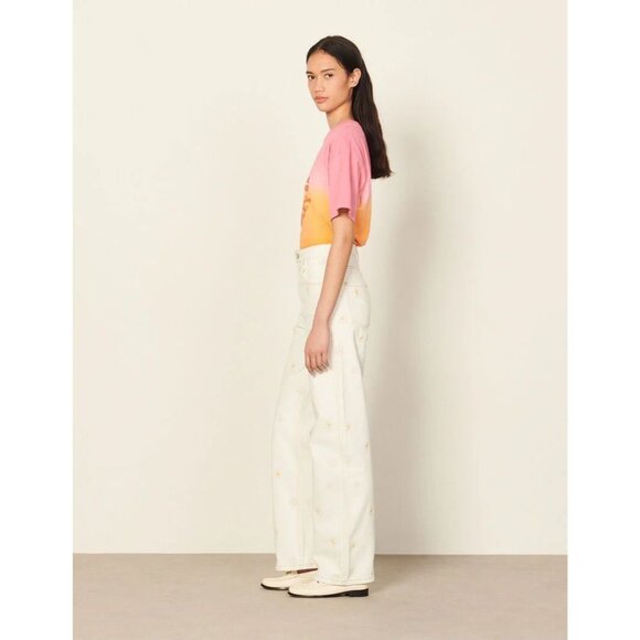 SANDRO Cyriaque White Embroidered Daisy Floral Wide Leg Jeans, Size 36/4/S - Picture 3 of 16